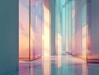 Illuminated Hallway: Translucent panels cast vibrant light and reflections on a polished surface.
