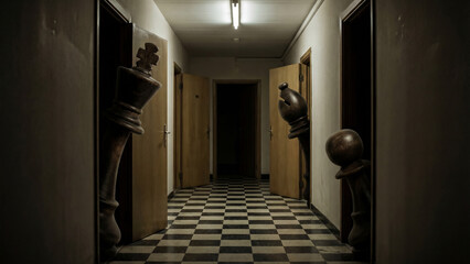 Giant chess pieces lurk in doorways of a dark hallway with a chessboard floor. A surreal, nightmarish scene of strategy, suspense, and horror.
