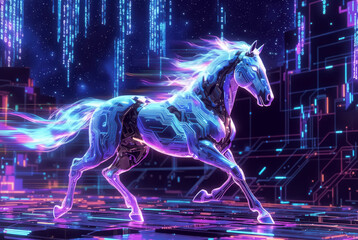 generated art. fiery electric cyber horse