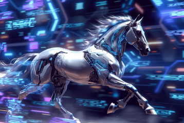 generated art. fiery electric cyber horse