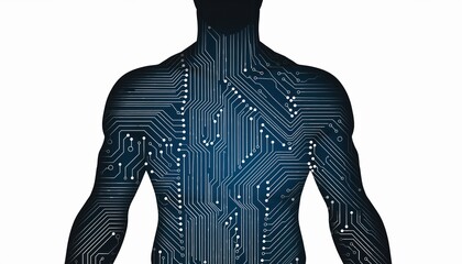 Silhouette of a human body filled with intricate electronic circuit board patterns on white background
