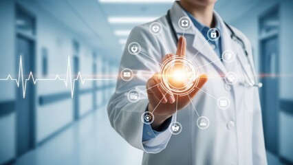 Doctor touching medical interface with healthcare icons and digital heartbeat line.