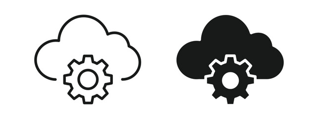 Cloud settings icon set in outline and silhouette style, representing cloud computing, system configuration, and digital services, vector illustration.