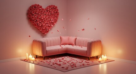 Romantic corner with a heart shaped floral arrangement and pink sofa
