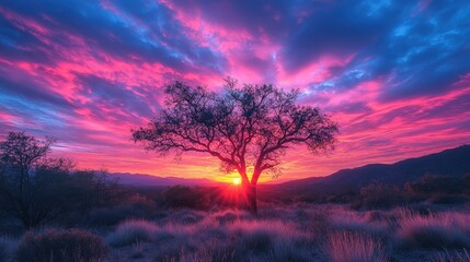 Obraz premium Dramatic Sunset Over Desert Landscape With Silhouetted Trees