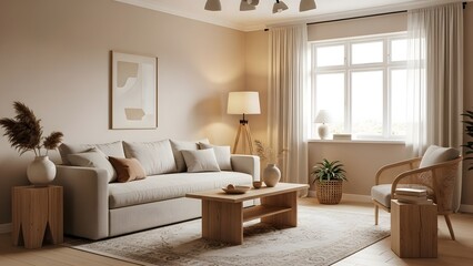 Fototapeta premium Elegant Japandi style living room interior with a cozy beige sofa, natural wooden furniture, and ample sunlight from a large window
