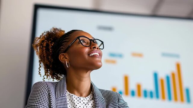 Businesswoman office with curly hair and glasses wearing blazer, smiling with upward gaze beside bar chart analytics presentation, data growth success