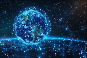 Obraz premium A stunning image of a futuristic globe intricately linked to the cosmos via a network of glowing blue lines, symbolizing global connectivity and advanced technology.