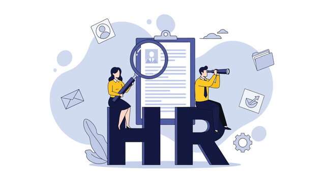 HR Human Resources Recruitment and Talent Acquisition. Business professionals using magnifying glass and telescope to search for top candidates and examine resumes. Vector illustration.