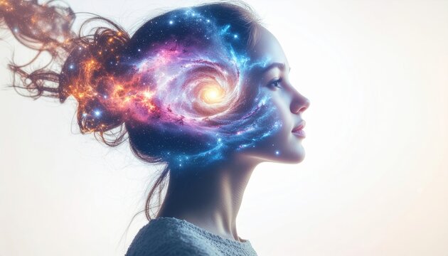 Woman's head profile with swirling galaxy representing thoughts and imagination double exposure effect