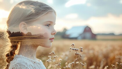 Young girl with braided hair in profile double exposure effect with a farm landscape and red barn