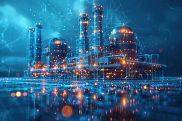 Obraz premium A striking image of a futuristic industrial complex bathed in vibrant neon lights, set against a deep blue-tinted background. The scene evokes a sense of technological advancement and urban dynamism.