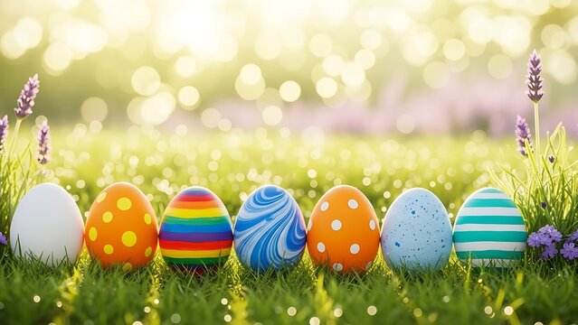 A line of vibrant, patterned easter eggs nestled in lush green grass with blooming lavender under soft morning sunlight and sparkling bokeh lights, symbolizing spring celebration and new beginnings. - Powered by Adobe