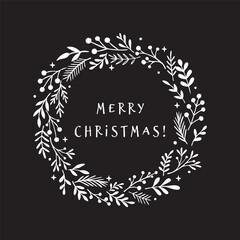 Elegant Christmas wreath greeting card with white botanical foliage and Merry Christmas lettering on a black background for festive winter holiday designs