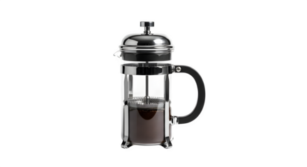 Elegant french press coffee maker with glass body isolated on transparent background