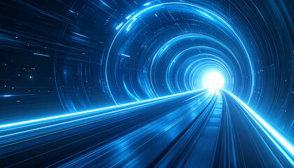 青い光のトンネルが続く未来的空間