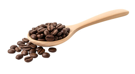 Coffee beans spilling from a wooden spoon isolated on transparent background