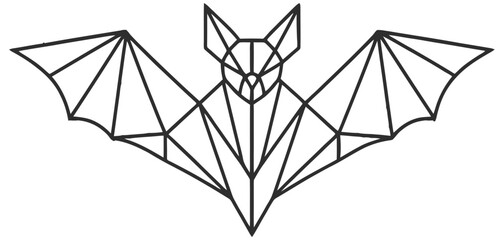 Low-poly geometric bat drawing with angular black lines and symmetrical design.