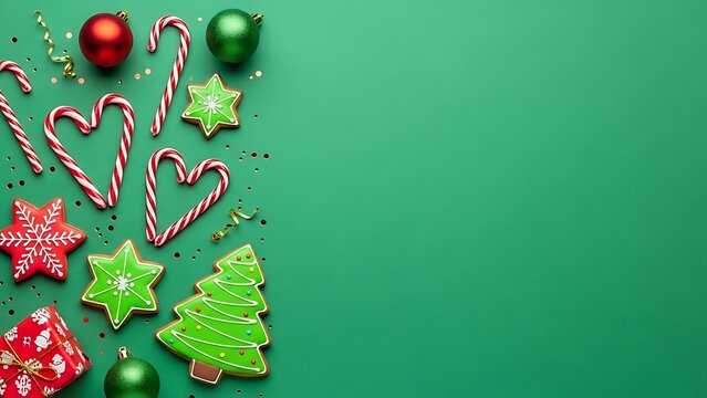 Festive christmas cookies and candy canes arranged on a green background