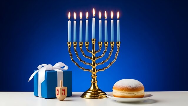 Hanukkah celebration with menorah gift dreidel and sufganiyot on a white table