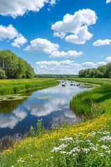 Serene Landscape with a Meandering River and Vibrant Yellow Wildflowers Under a Clear Blue Sky
