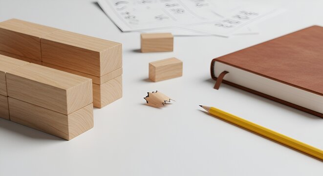 A still life composition featuring a yellow pencil, notepad, wooden blocks, and pencil shavings.