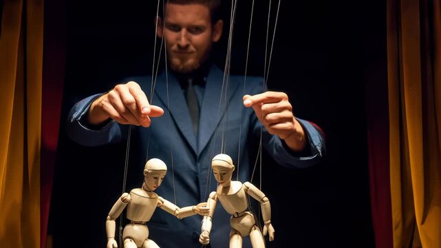 Marionette puppet strings control theater stage performance wooden figures dramatic lighting as puppeteer guides with teamwork and expressive tension