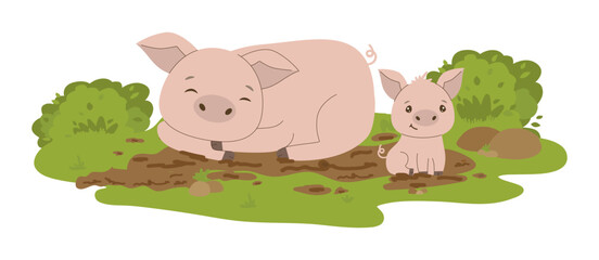 Vector illustration of a smiling mother pig and her playful piglet sitting in a muddy area surrounded by greenery. The image captures a warm and endearing farm scene.