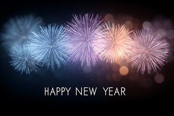 Glittering trails of fireworks above horizon with glowing New Year wishes tag