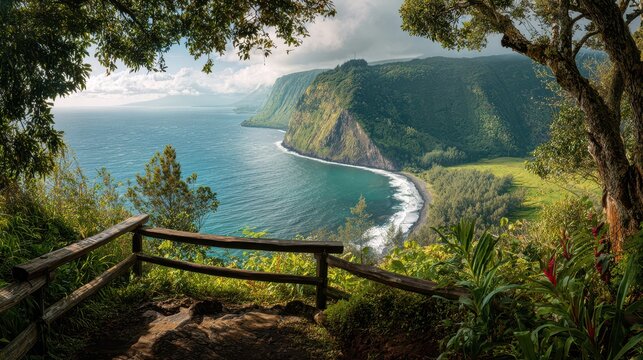 Dramatic Hawaiian coastline seen from Waipio Valley Lookout: lush valley walls, rugged cliffs, and blue Pacific