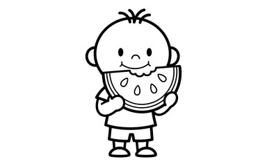 Fototapeta premium Cute cartoon child eating watermelon line art illustration