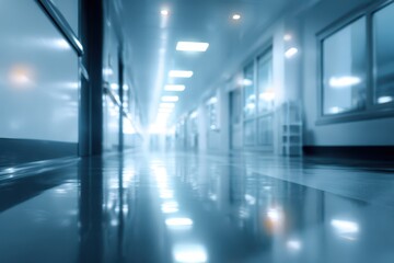Fototapeta premium Dreamlike medical corridor: blurred interior with serene blue and white palette