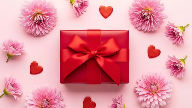 Red gift box surrounded by pink dahlias and small red hearts - Powered by Adobe