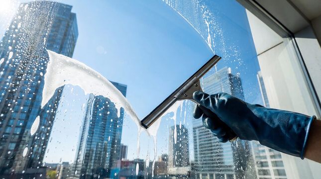 Window cleaning process in high-rise building with view of modern skyscrapers