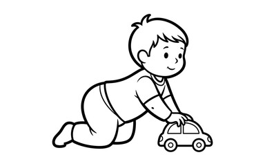 Adorable baby playing with toy car: cute black and white cartoon style