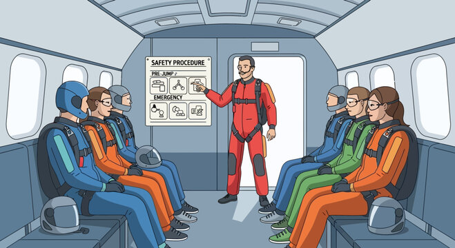 Skydiving Safety Briefing Inside Airplane Before Jump, Team Prepares for Adventure