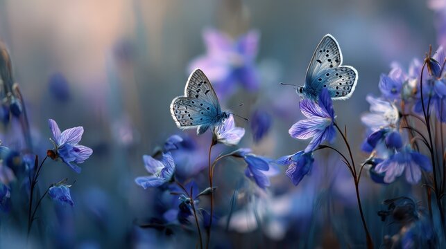 Dreamy meadow macro shot of blue wildflowers and two butterflies with ethereal blue and purple lighting - Powered by Adobe