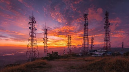 Dusk scene of lattice telecom towers and antenna arrays under a gradient orange and purple sunset