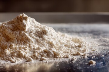 Dusty flour spread across a metal tray, inviting kitchen scene and grainy texture