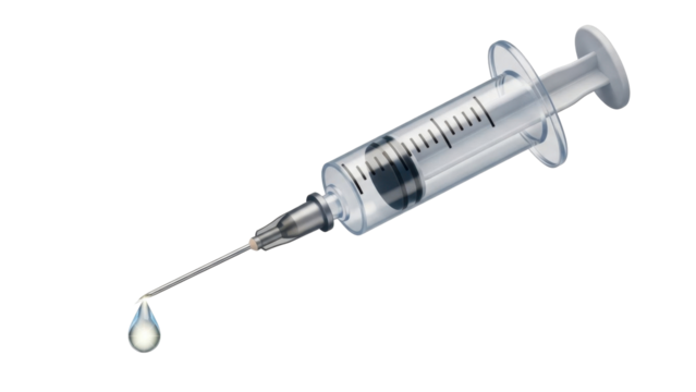3D icon syringe injection with droplet, isolated on white background
