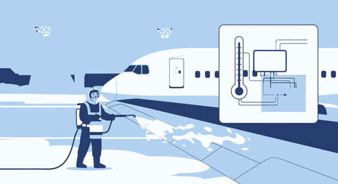 Aircraft de-icing process illustration showing temperature and fluid application