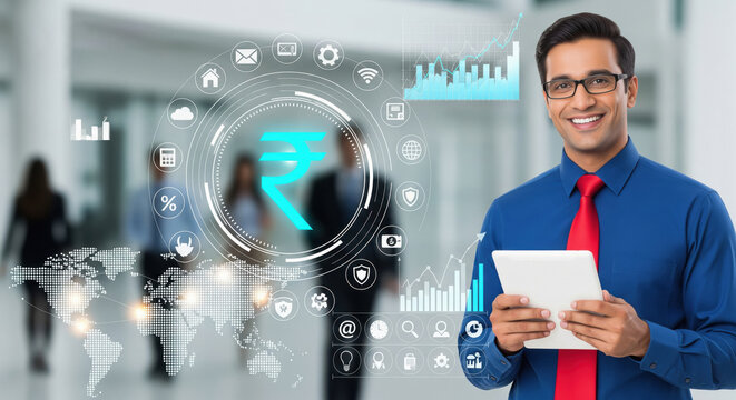 Professional Indian businessman using a digital tablet in a modern office, surrounded by futuristic financial graphics - Powered by Adobe