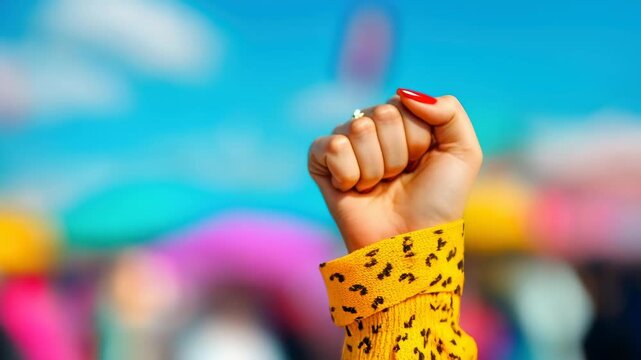 Female fist protest power hand gesture solidarity, red nails leopard sleeve, bright colorful background blue sky, activism energy empowerment