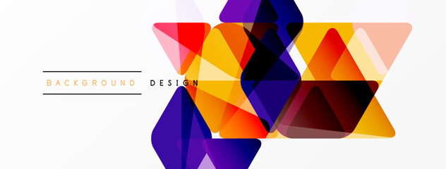 Abstract geometric shapes overlap, creating vibrant colorful design. Background features triangles, gradients, modern aesthetic.