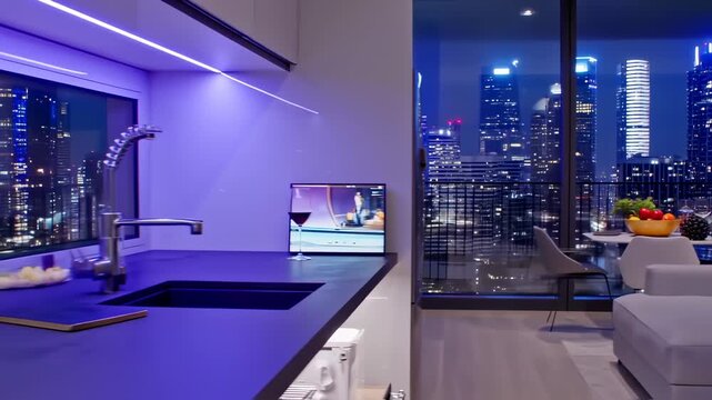 Modern interior with a cityscape view, kitchen features, dining area, and a glass of wine