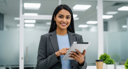 A smiling young Indian professional woman in business attire holds a digital tablet while standing confidently in a office