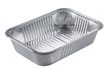 Rectangular aluminum foil baking pan with crimped edges and ribbed interior isolated on a transparent background