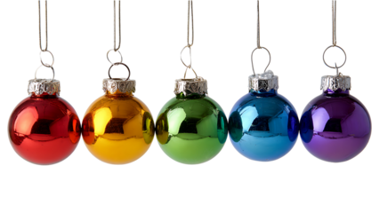 Row of Five Colorful Christmas Ornaments Hanging graphic image isolated on a transparent background