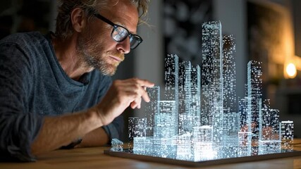 Man interacting with futuristic holographic cityscape model - Powered by Adobe