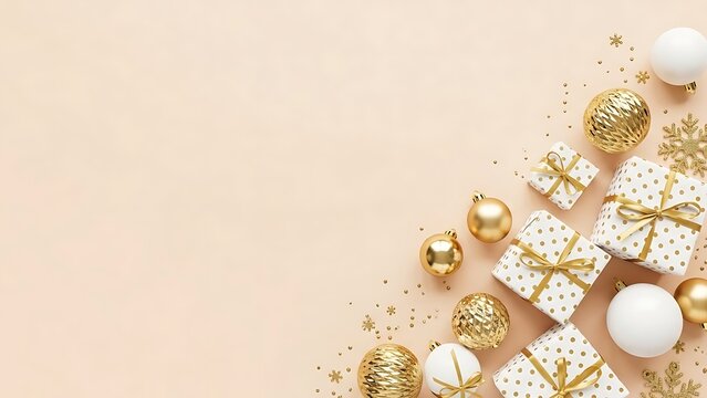 Elegant christmas gift boxes and ornaments on a beige background - Powered by Adobe